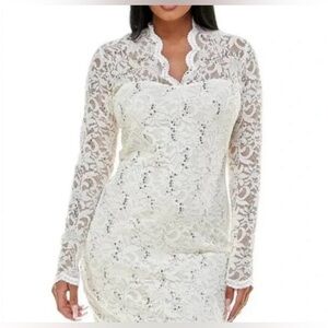 Marina Lace Illusion Floral Sequin Scalloped Hem Bridal Cocktail Dress in Sage